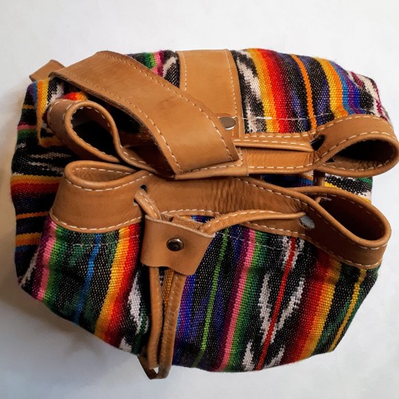 Stripes & Ikat Woven & Leather Bucket Shoulder Bag - Picture 6 of 7